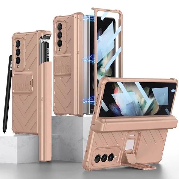 Fas Magnetic Hinge Case For Samsung Galaxy Z Fold 3 5G With Built-in S-Pen Slot and Kickstand Cover, Rose Gold / Galaxy Z Fold 3 5G