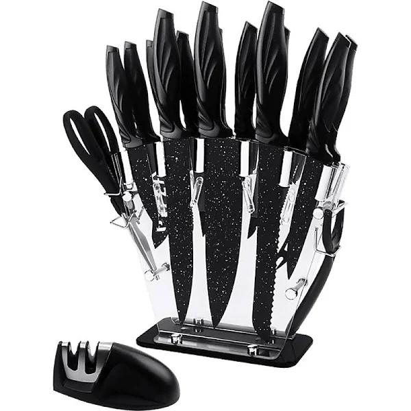 Kitchen 17 PC Knife Set w/ Block & Sharpener Chef Bread Steak Knives