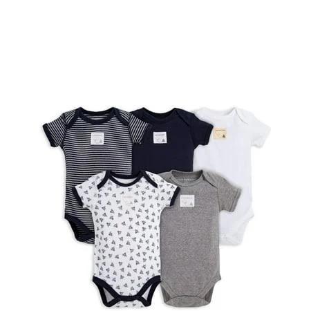 Burt's Bees Baby - Set of 5 Bee Essentials Short Sleeve Bodysuits, 100% Organic Cotton