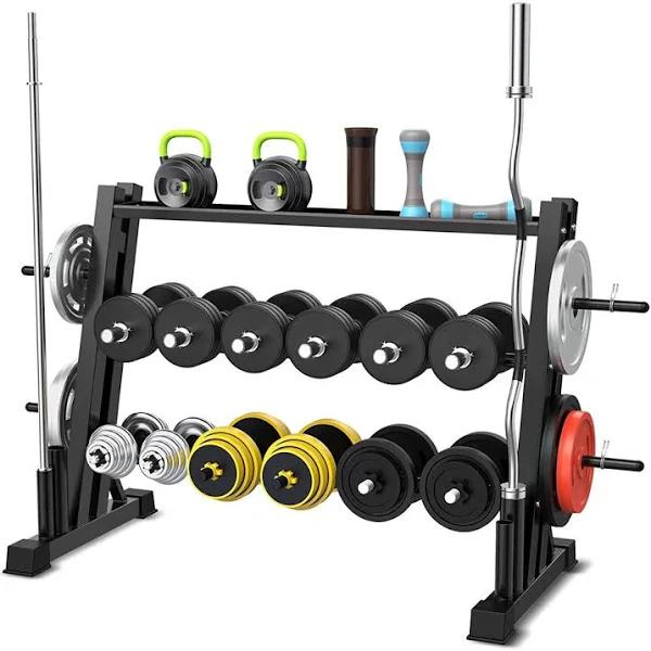 MEMAX 3-Tier Weights and Barbell Storage Rack For Barbell, Dumbbells, Kettlebells, and Weight Plates