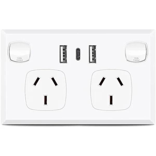 White Double GPO Power Point Socket w/ 2 x USB A & 1 x USB C