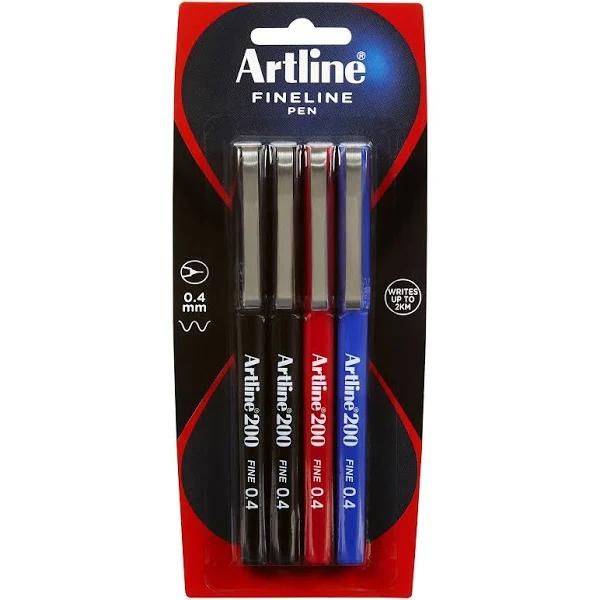 Artline 200 Fineline 0.4mm Pen 4 Pack - Assorted Colours