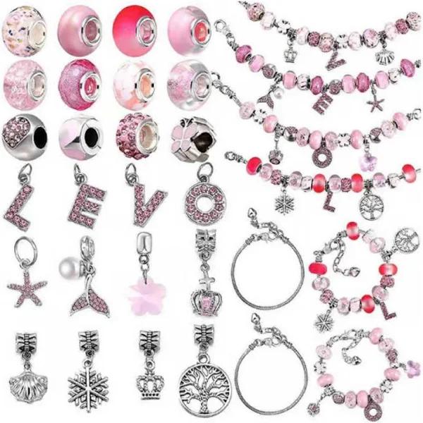 Jewellery Bracelet Making Kit DIY 64 Piece Pink Love Charms & Beads in Gift Box