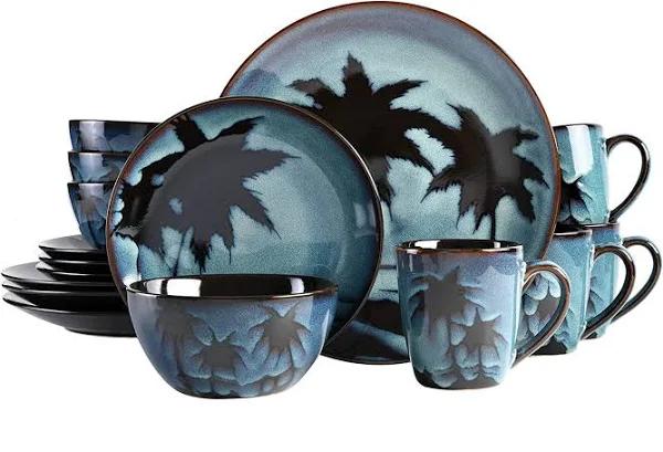 Gibson Elite Hand Painted Round Reactive Glaze Stoneware Dinnerware Set, Service For 4 (16pcs), Sunset Blue