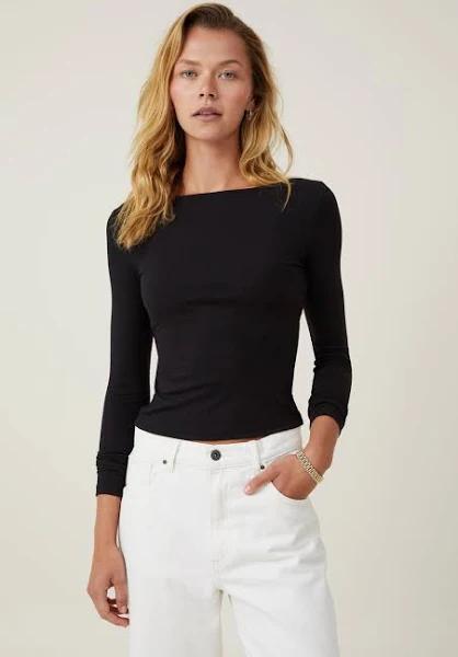 Cotton On Women - Staple Rib Boat Neck Long Sleeve Top - Black Size - XS Women