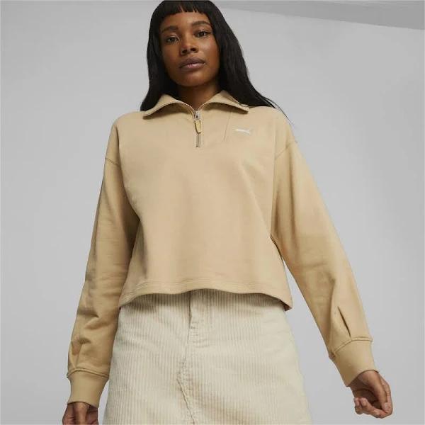 Her Women's High-Neck Half-Zip Sweatshirt in Sand Dune, Size Small, Cotton by Puma