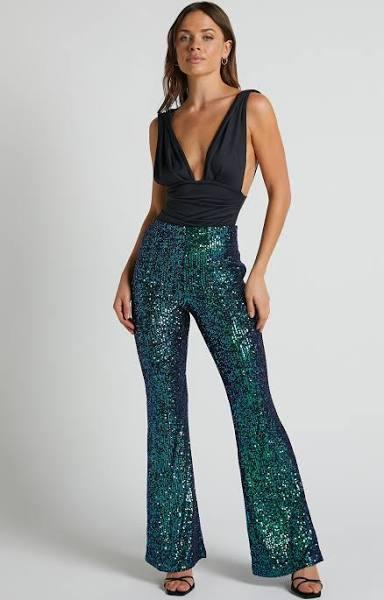 Deliza Pants - Mid Waisted Sequin Flare Pants in Mermaid Teal | Cyber Monday Sale