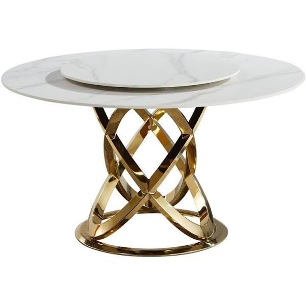 Hayes Luxurious Sintered Stone Round Dining Table 130cm w/ Lazy Susan - White & Gold