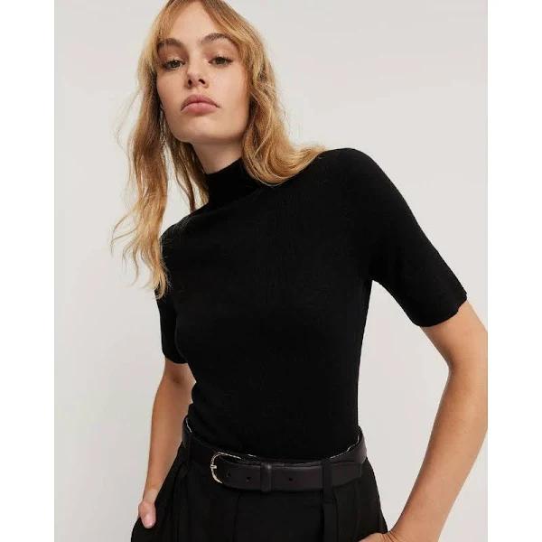 Country Road Australian Merino Wool Silk Short Sleeve Knit in Black XXS