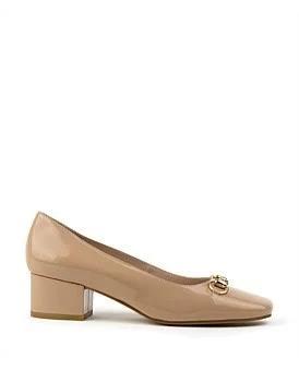 David Jones Edward Meller Christine45 Block Heel Pump with Hardware in Nude Patent, Size 35 EU