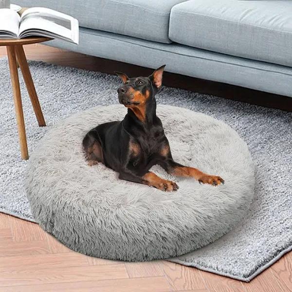 Dog Pet Cat Calming Bed Warm Plush Round Nest Comfy Sleeping Bed – XL, Light Grey