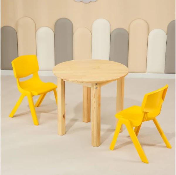 60cm Round Wooden Kids Table and 2 Yellow Chairs Set Pinewood Timber Childrens Desk