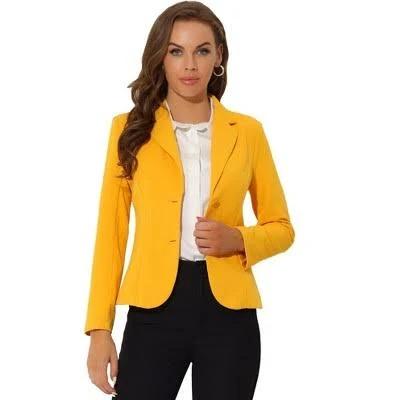 Notched Lapel Collar Stretch Work Office Jacket Blazer, Yellow / XS