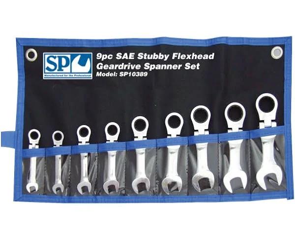 SP Tools 9pc SAE Gear Drive Roe Spanner Set Flex Head Stubby SP10389