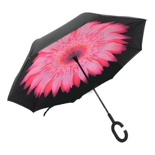 Umbrella C-Handle Reverse-Design Windproof Double Layer Upside Down Inverted - Pink Daisy