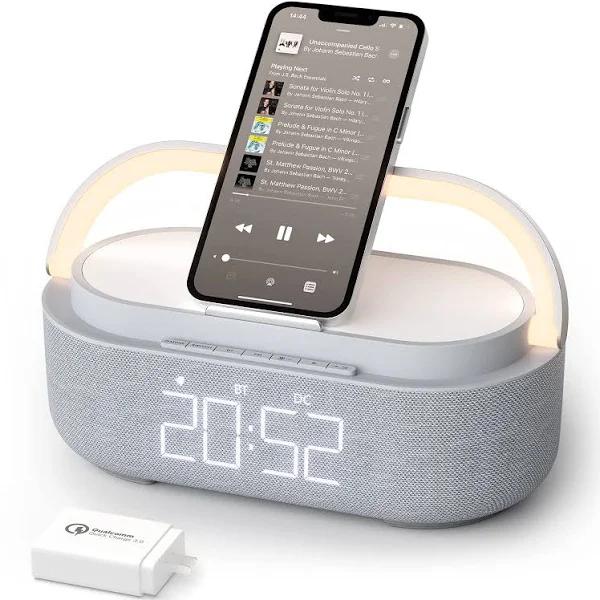 【2023 Newest】 Bluetooth Speaker With Digital Alarm Clock, Wireless Charger, FM Clock Radio, Adjustable LED Night Light, Dual Wireless Speakers