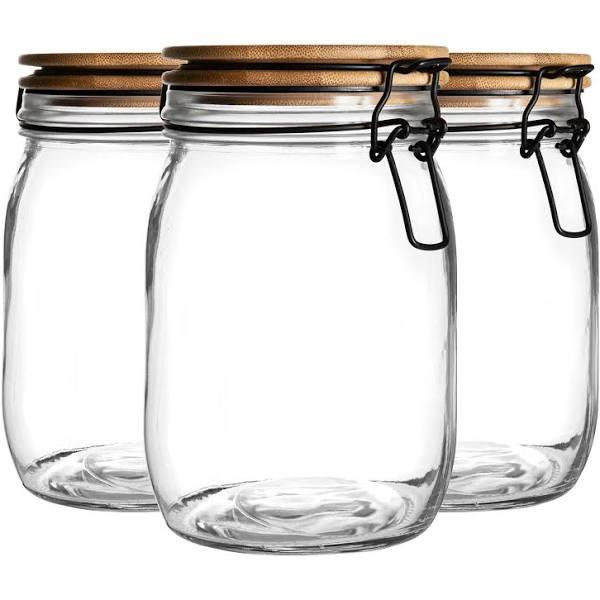 Argon Tableware 3 Piece Airtight Storage Jar With Wooden Lid Set - Style Glass Canister - Black Seal - 1 Litre