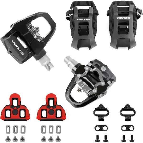 Venzo 3 in 1 SPD-SL & SPD Compatible Pedals, Toe Cages & Cleats Set - Indoor Fitness Exercise Bike Bicycle Pedals & Adjustable Pedals Adapters Cleats