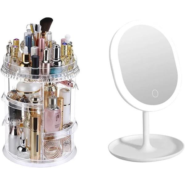 SOGA 360 Degree Rotating Makeup Organiser Cosmetics Holder With 20cm White Rechargeable LED Light Tabletop Vanity Mirror Set