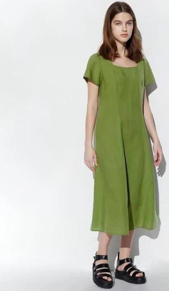 Uniqlo Linen Blend Square Neck Short Sleeve Dress - Green Size XL