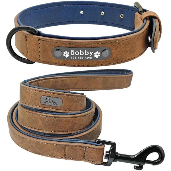 Didog - #1 Best-Selling Personalized, Custom Engraved Leather Dog Collar & Leash Set Brown Collar and Leash Set / L