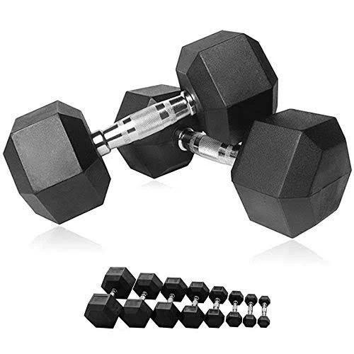 HCE Hex Dumbbells Set - Rubber Coated Dumbbells Black Hex Dumbbell Weights - Chrome Textured Non-slip & Easy-grip Handles - Crossfit, MMA,