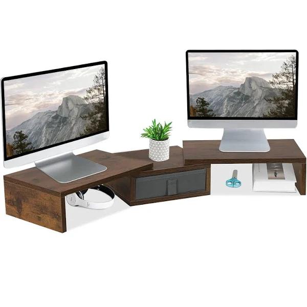 TEAMIX Dual Monitor Stand Riser with Drawer - Length and Angle Adjustable Double Monitor Riser Corner Desk Shelf Organizer 37 Inch Long Monitor