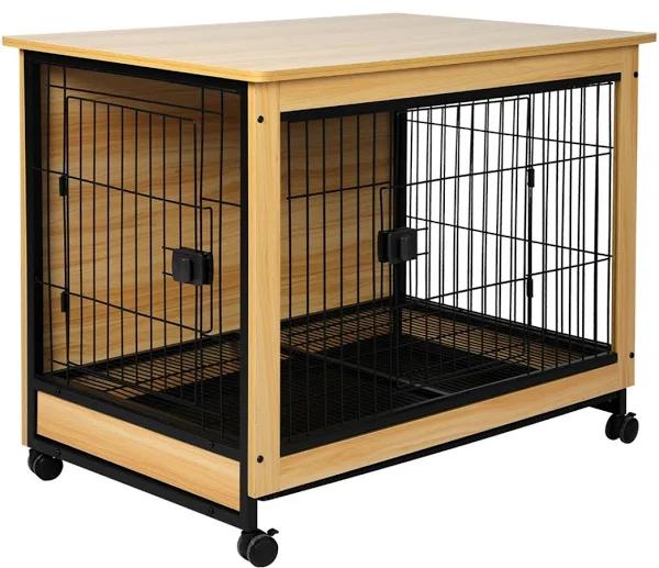 PaWz Wooden Wire Dog Kennel Side End Table Steel Puppy Crate Indoor Pet House L