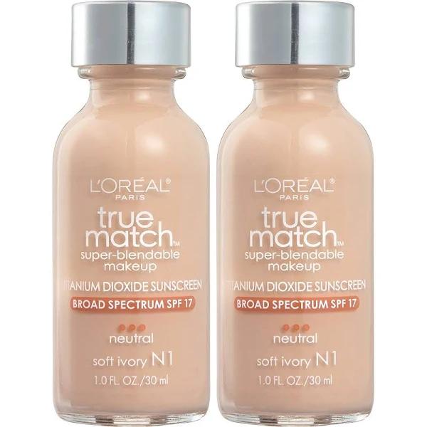 L'Oreal Paris Cosmetics True Match Super-Blendable Foundation Makeup, Soft Ivory N1, 2 Count