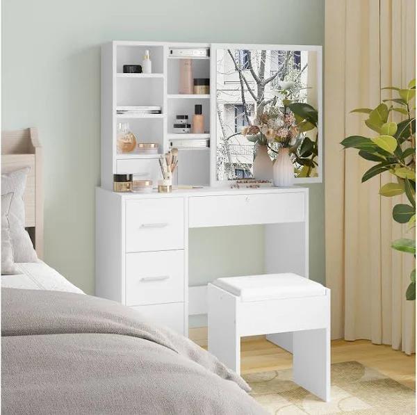 Advwin Dressing Table Stool Set with Slide Mirror Hiden Storage Vanity Desk White