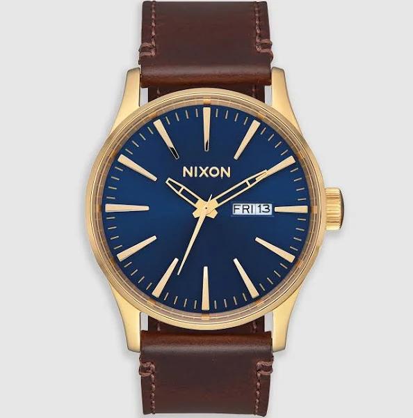 Nixon Sentry Leather Watch - Polished Gold & Navy Sunray