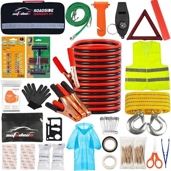 AUTODECO Car Roadside Emergency Kit Premium with Jumper Cables Tow Strap Etc