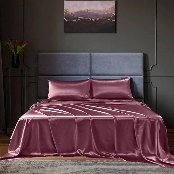 Royal Comfort Satin Sheet Set 4 Piece Fitted Flat Sheet Pillowcases - King - Malaga Wine