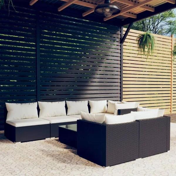 vidaXL 8 Piece Garden Lounge Set with Cushions Black Poly Rattan