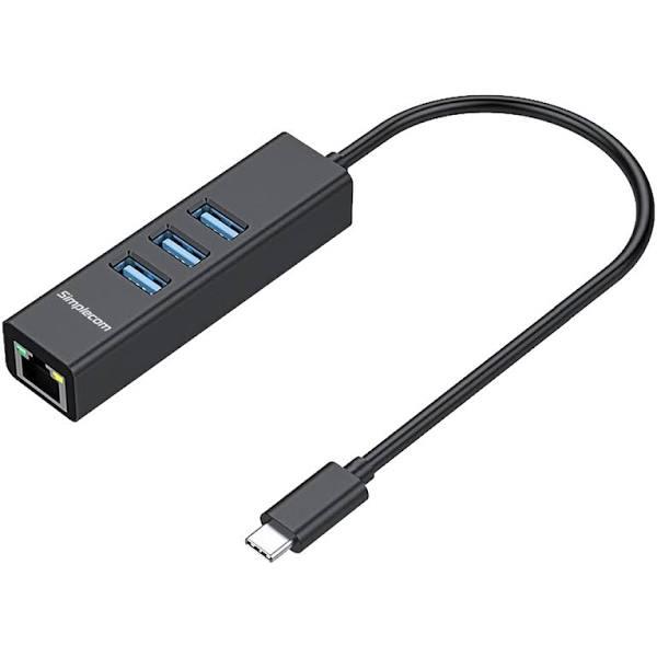 Simplecom CHN421 Aluminium USB C to 3 Port USB Hub with Gigabit Ethernet Adapter Black