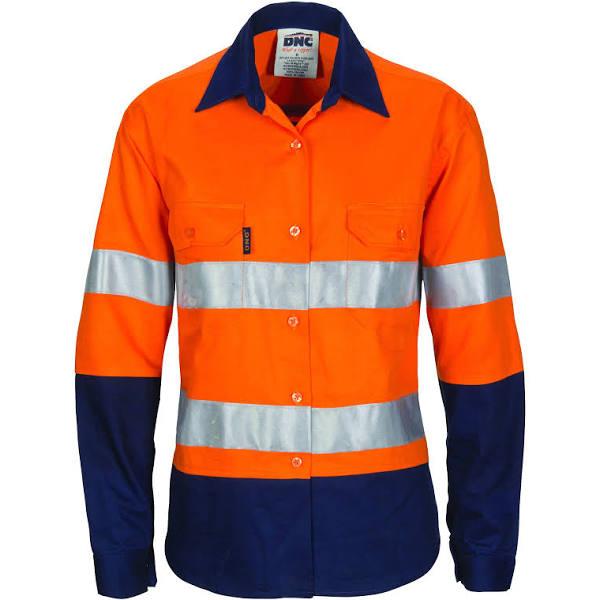 DNC Ladies HiVis Cool-Breeze Cotton Shirt with CSR R/Tape - Long Sleeve - Orange/Navy - 14