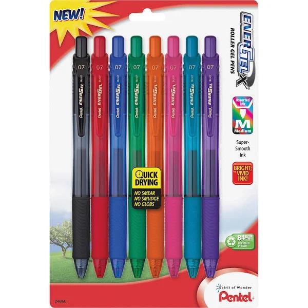 Pentel Energel-X Colors Retractable Liquid Gel Pen, 0.7mm, Metal Tip, Assorted Ink, 8 Pack (BL107CRBP8M)