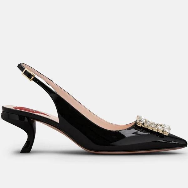 Roger Vivier, Virgule Patent Leather Slingback Pumps, Women, Black, Embellished, AU 6, Pumps