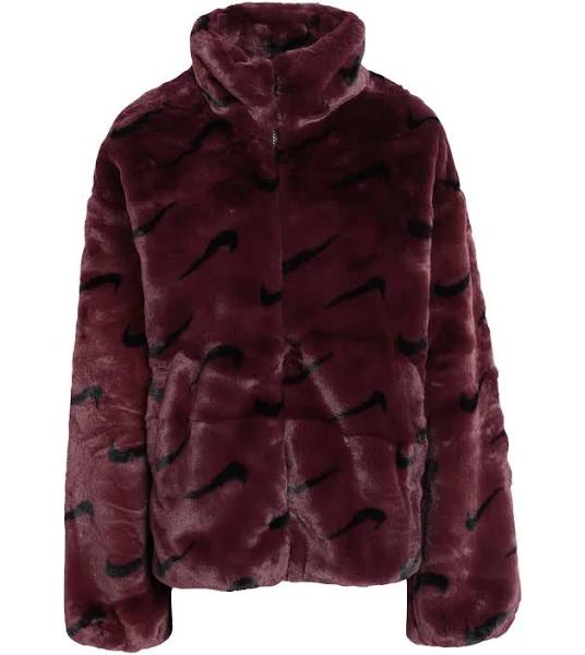 Nike All Over Swoosh Faux Fur Jacket in Burgundy Crush and Black-Red