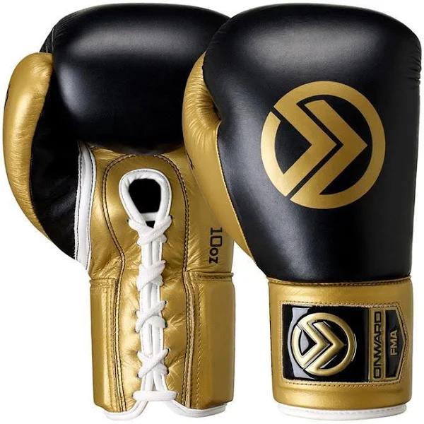 Onward Vero Lace Up Leather Boxing Gloves, Black/Gold / 8oz