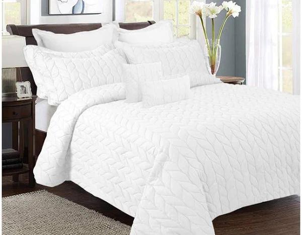 Ramesses 9 Piece Ultrasonic Embossed Lightweight Comforter Set (Queen, White)