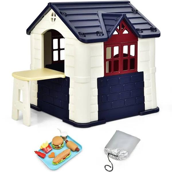 Costway Cubby Playhouse Ren Sunny Cottage Pretend Play Toy Indoor Game w/7pcs Toys Set Table&Cover Blue