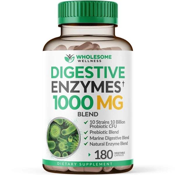 Digestive Enzymes 1000mg Plus Prebiotics & Probiotics Supplement, 180 Capsules, Organic Plant-Based Vegan Formula For Better Digestion & Lactose