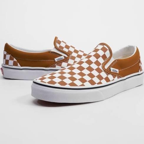 Vans Classic Slip On Sneakers in Golden Brown Checkerboard