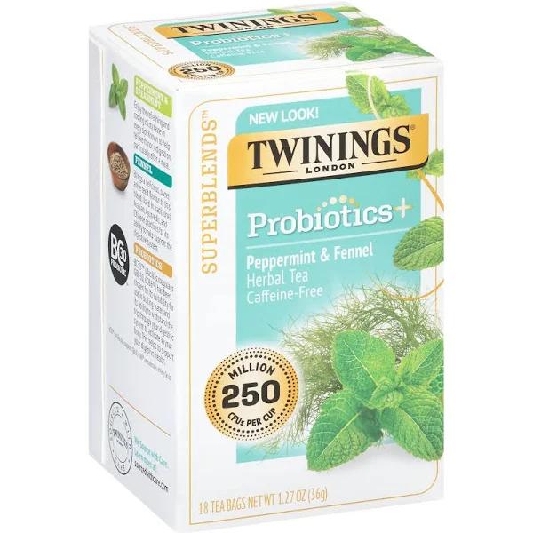 Twinings Superblends Herbal Tea, Caffeine Free, Peppermint & Fennel, Probiotics, Tea Bags - 18 tea bags, 1.27 oz