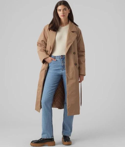 Vero Moda Double Breasted Longline Trench Coat with Quilted Liner in stone-Neutral