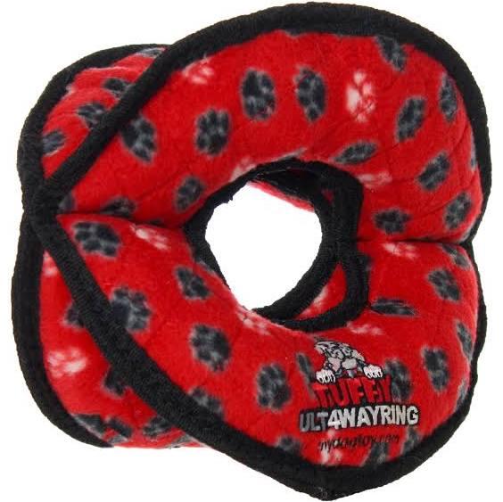 Tuffy Ultimate 4-Way Ring Interactive Play Dog Squeaker Toy Red Paws