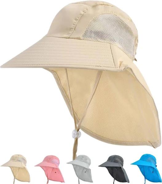 Kids Legionnaires Hat for Girls/Boys, Kid Sun Hat with Neck Flap& Chin Strap, Wide Brim 50 UPF UV Beach Hats for Swim Tennis Running