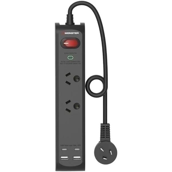 Dual Socket Surge Protector Board With USB-C & USB-A Ports - Monster - Black