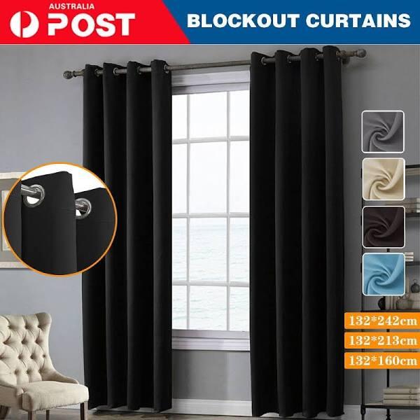 2x Blockout Curtains Thermal Blackout Curtains Fabric Pair Eyelet For